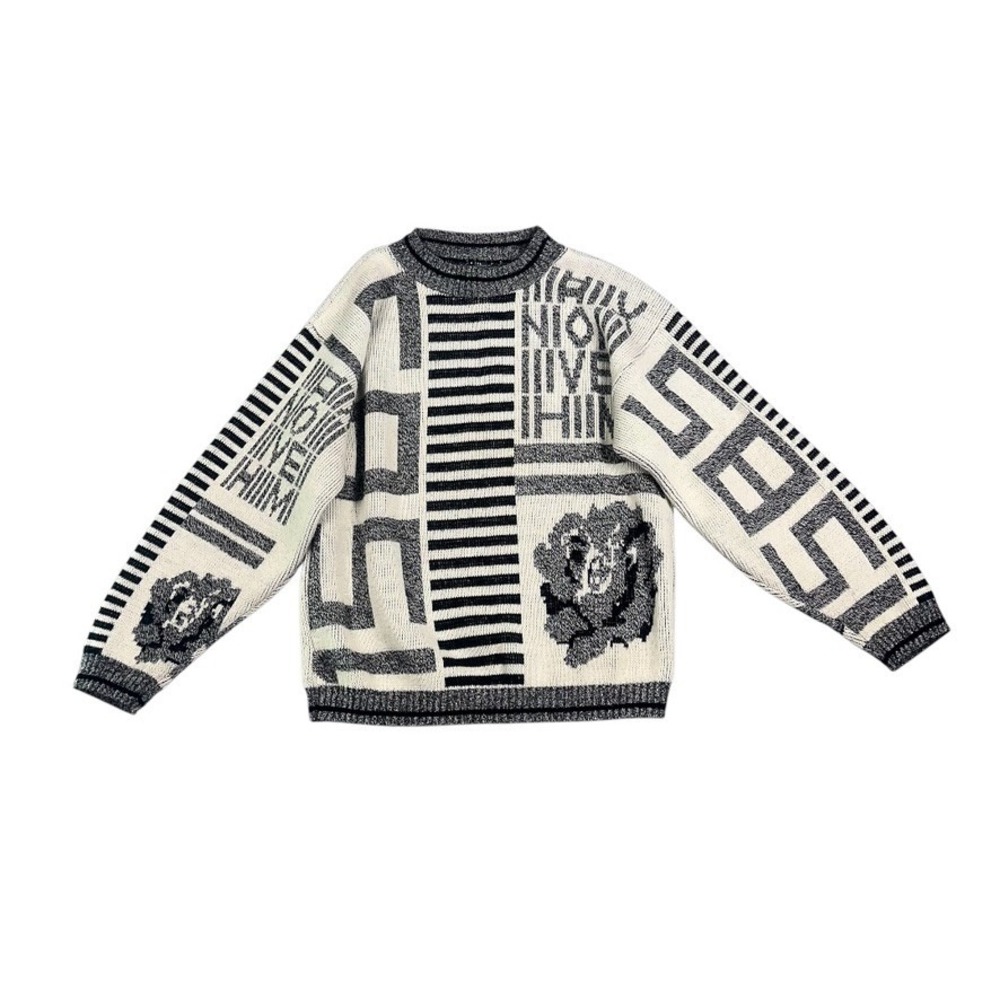 Vintage 90s Forelli Abstract Roman Numeral Rose‎ Knit Sweater